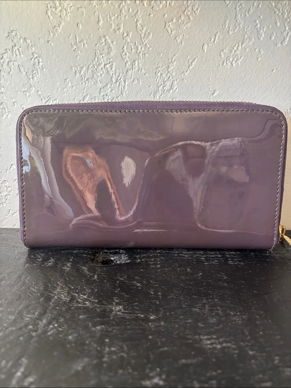 Tory Burch Patent Bow Zip Continental Wallet in Plum Purple